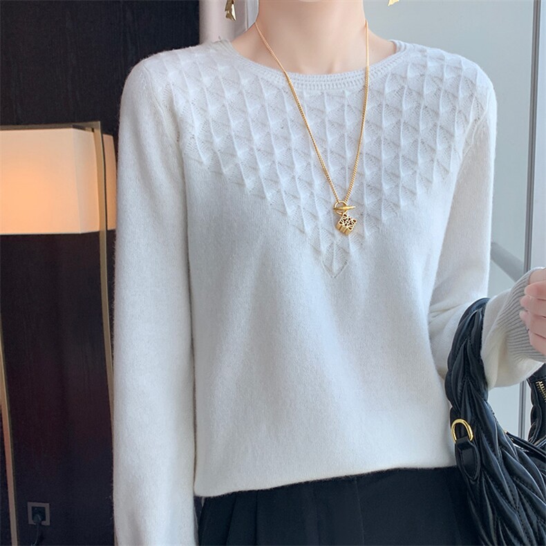 新款菱形坑条圆领套头毛衣女秋冬新款宽松显瘦纯色羊毛衫，女装羊毛衫，佑昭祥羊绒