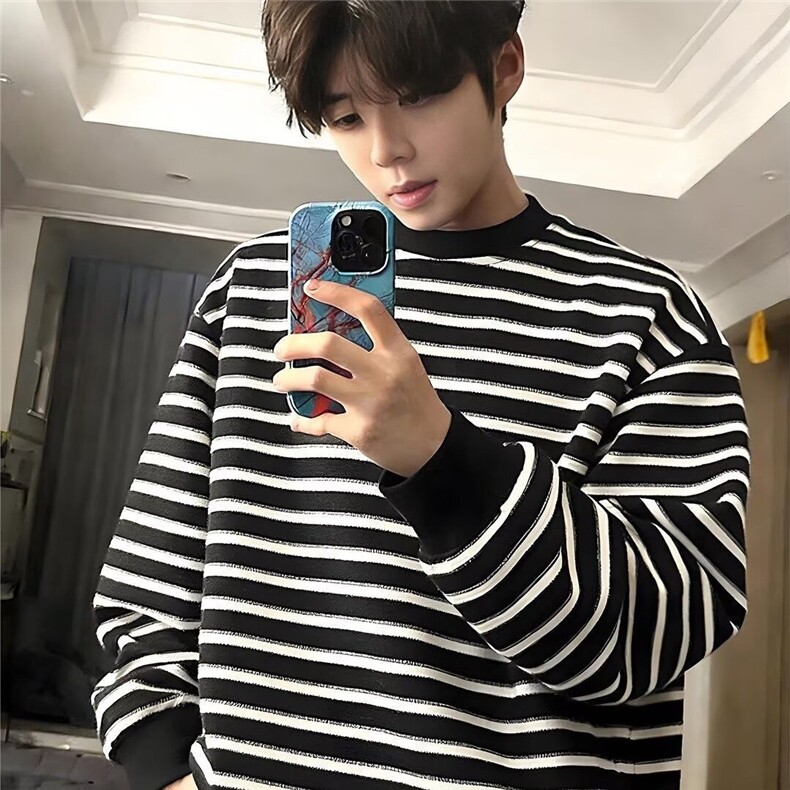 潮流ins2026春秋季复古条纹圆领长袖T恤男女潮牌情侣宽松百搭上衣，男装T恤，星座715-4