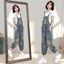 牛仔背带裤女2025夏季新款休闲宽松显瘦复古九分裤百搭束脚连体裤，女装休闲裤，潮流依族