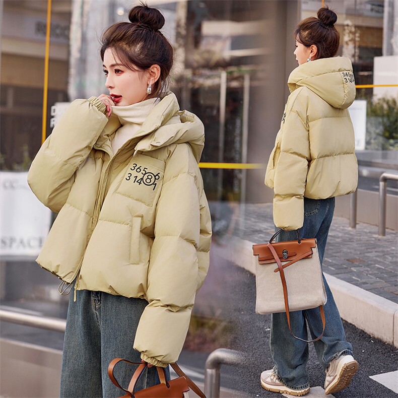 新款冬装连帽白鸭绒羽绒服短款宽松面包服，女装羽绒服，布依丽人