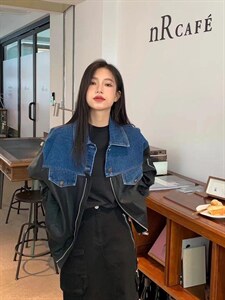 2022欧洲站洋气牛仔拼接PU皮外套,其它,L·H·X