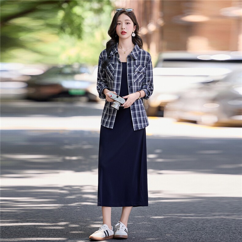 韩系格子衬衫吊带穿搭休闲套装裙女2025夏秋气质显瘦时尚········，女装套装/套裙，涵墨