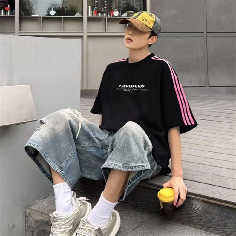 抖音得物品质二开240克宽松纯棉美式潮牌印花三条杠中性风短袖T恤,男装T恤,电商A486-1