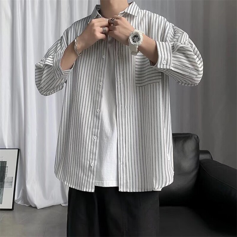 夏秋季条纹衬衫男衬衣韩版潮流帅气百搭休闲情侣装外套潮C127/P35图片