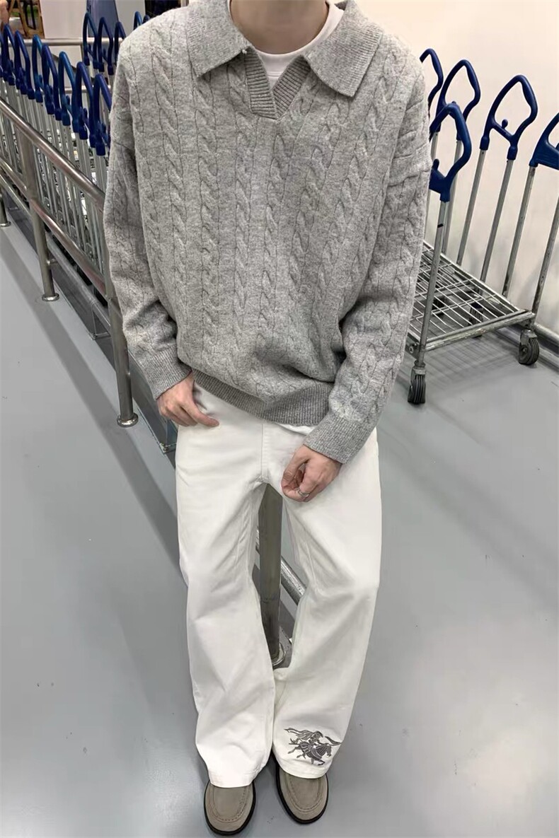 秋冬图老钱风麻花V领毛衣男美式复古内搭POLO衫-A2321TP58,男装针织衫/毛衣,电商B241