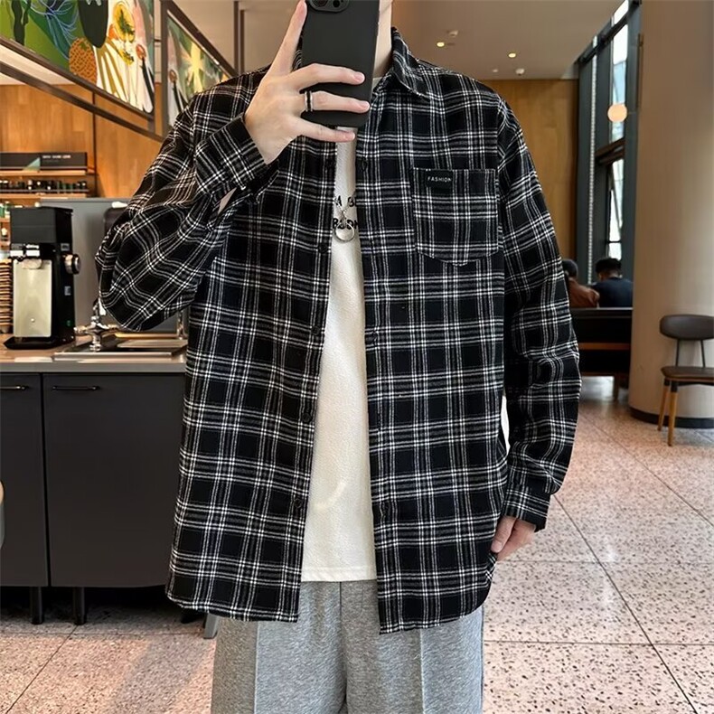 长袖格子衬衫男春秋季宽松韩版时尚潮流休闲外穿磨毛衬衣外套C14,男装衬衫,星座506