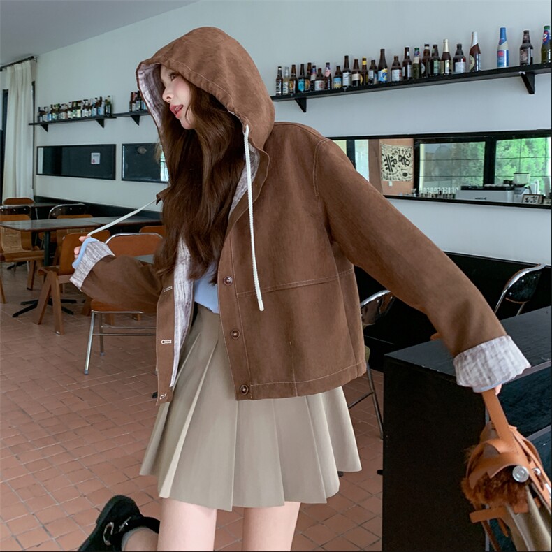 焦糖色设计款抽绳连帽短款外套女2025秋季新款慵懒高级感宽松外套,女装短外套,帛锦泉