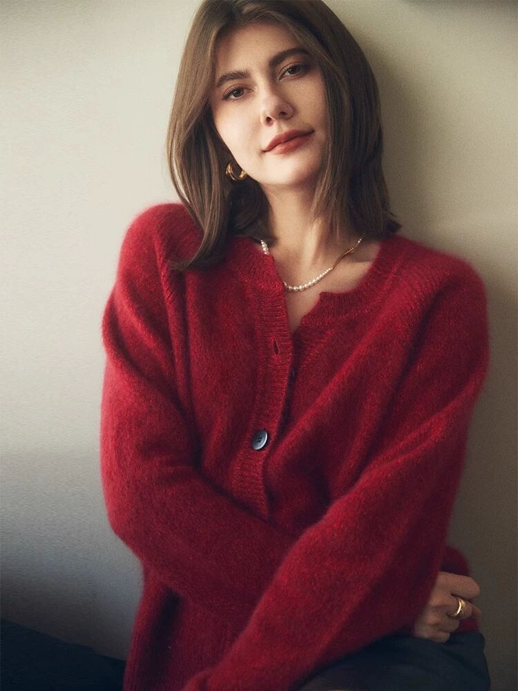 时尚女士加厚羊绒开衫红色柔软舒适保暖毛衣,女装羊绒衫,莺澜羊绒