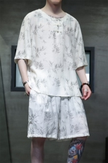 2025夏季新款男装风冰丝竹叶印花盘扣套装短袖+短裤A107-P80，男装休闲套装，电商B277(原6028)