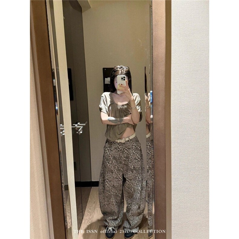 美式复古豹纹弯刀牛仔裤男女baggy街头廓形宽松拖地情侣阔腿裤潮,男装牛仔裤,四季星座505