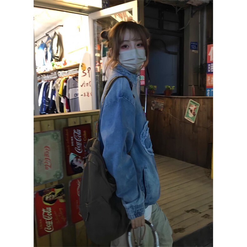 复古水洗牛仔夹克休闲个性情侣半拉链宽松工装立领上衣男女款,男装夹克,星座410-6（原星座1304-1）