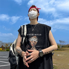 抖音品质240克重磅欧美式潮牌男女水洗背心无袖t恤BX258-P35，男装T恤，电商A486
