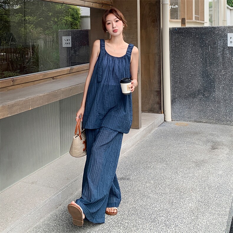 慵懒风宽松吊带上衣拖地阔腿裤套装女2025夏季新款简约休闲两件套,女装套装/套裙,浙宝305