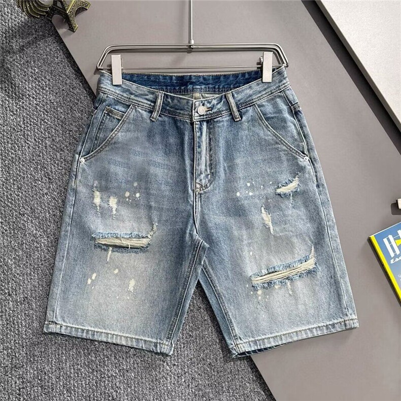 复古泼墨牛仔短裤男潮宽松直筒休闲五分裤中裤男装短裤DM2071-p45图片