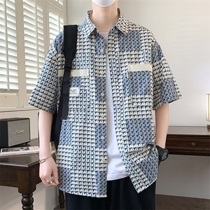 港风宽松青年格子短袖衬衫男士夏季百搭半袖衣服韩版潮流衬衣外套图片