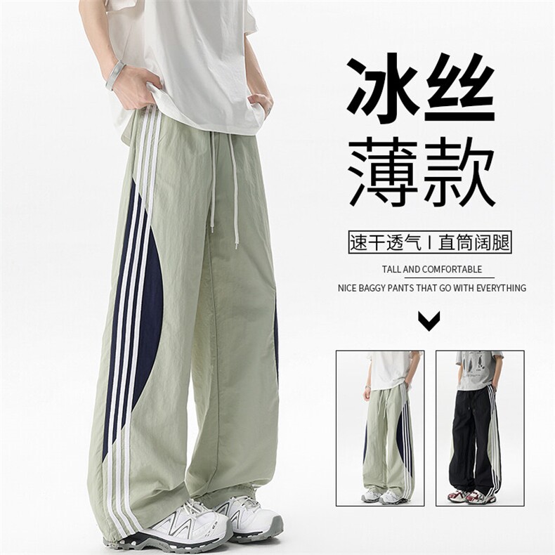 悟空有货潮牌夏季撞色条纹抽绳运动裤男复古街头宽松百搭休闲长裤图片