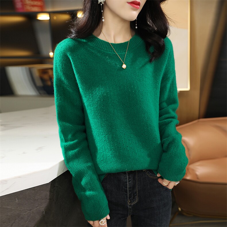 秋冬季纯澳毛七针加厚女士挑空圆领海波纹羊毛衫，女装羊毛衫，君贝羊绒
