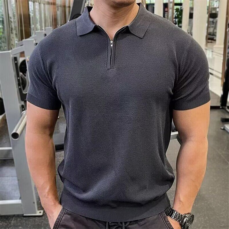 男夏季翻领polo拉链休闲半袖运动健身纯色透气时尚百搭短袖TM824,男装T恤,星座1116A-2（原606A-1）