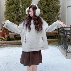 慵懒风套头连帽超好看卫衣女2025年冬季新款韩版减龄显瘦呢子大衣，女装毛呢外套，2C028