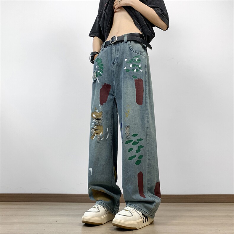 夏季新款设计感百搭阔腿长裤美式潮牌宽松牛仔裤男现货K8062-P54,男装牛仔裤,星座512-3