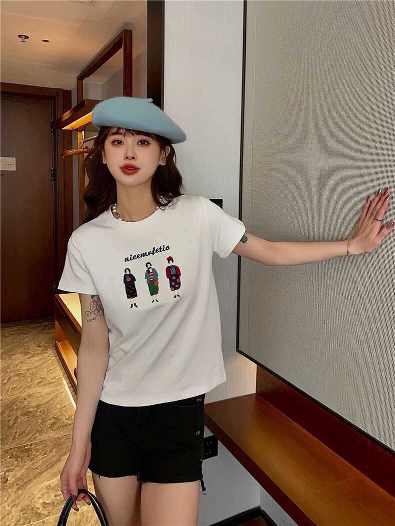 2025百搭万针彩色卡通趣味百搭圆领t恤上衣,女装T恤,湘姗
