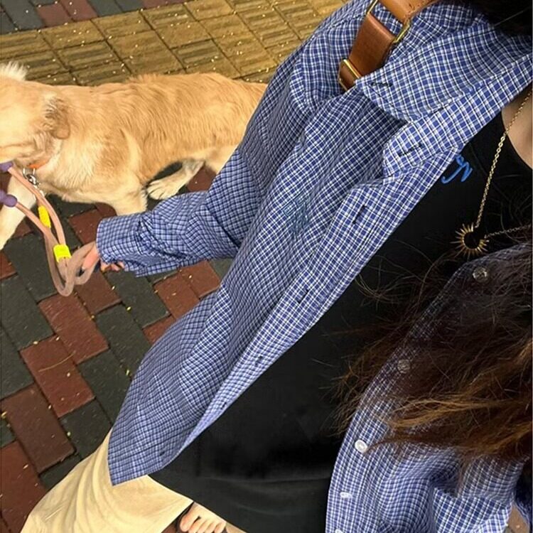 美式复古慵懒宽松蓝色格子长袖衬衫男2025新款百搭休闲刺绣衬衣潮图片