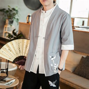 风外套五分袖男唐装盘扣开衫道袍和服宽松夹克茶服 M129 P50图片