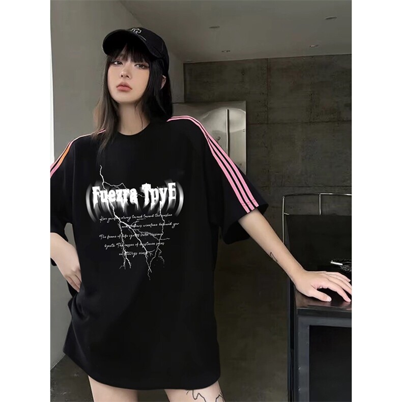 抖音得物品质二开240克宽松纯棉美式潮牌印花三条杠中性风短袖T恤,男装T恤,电商A486