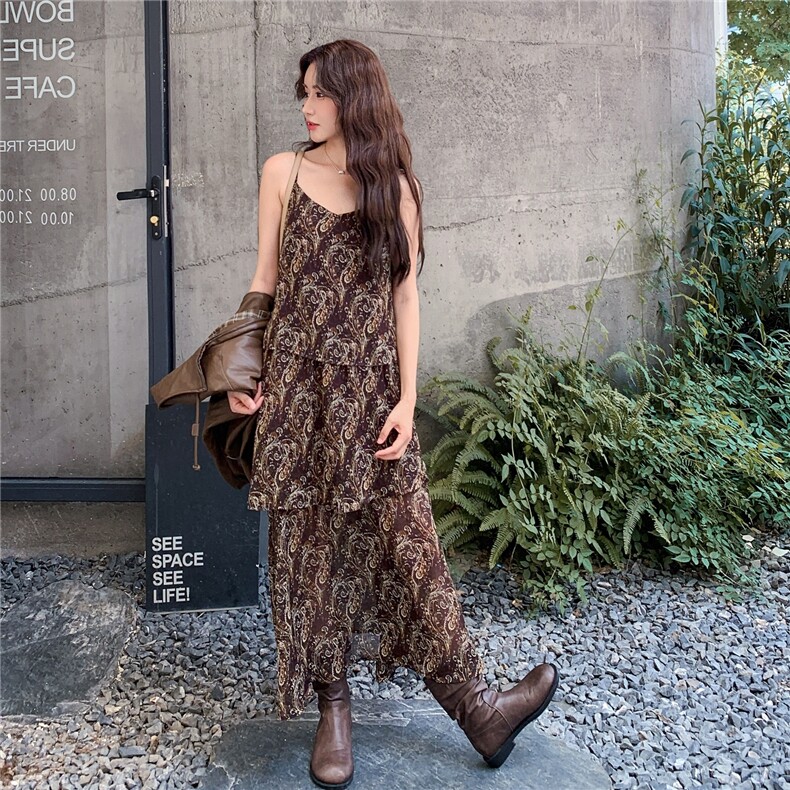 酷飒拽姐碎花吊带连衣裙两件套女2025秋季新款美拉德复古皮衣外套,女装套装/套裙,2C299