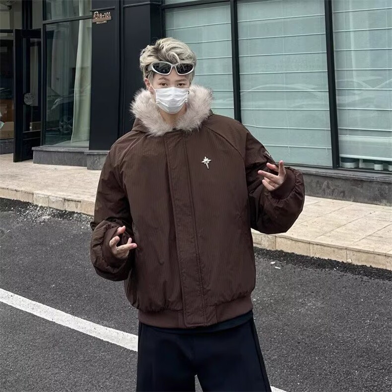 网络图现货美式高街毛领连帽冬季复古休闲保暖加厚棉袄J773-P90，男装棉衣，星座715-7