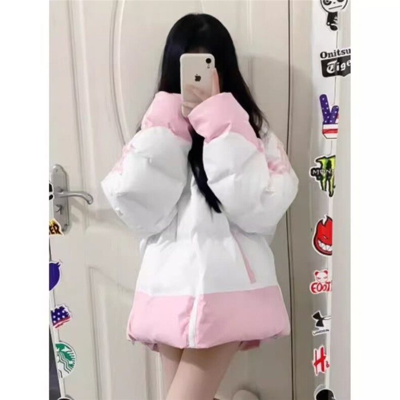 ins大码撞色粉色棉服外套女冬季2025新款宽松加厚防风休闲面包服,男装棉衣,星座506A