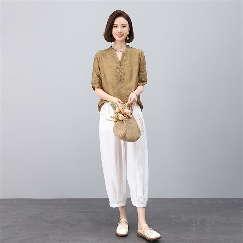 高端套装女2025夏装新中式天丝麻小衫文艺气质复古妈妈棉麻两件套,女装套装/套裙,凝聚力