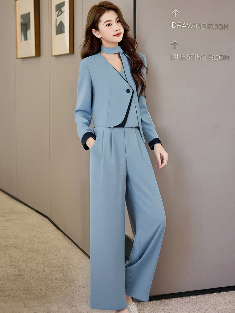 蓝色西装西裤两件套女春秋季2025超火独特漂亮高级感韩系休闲套装,女装套装/套裙,卡杰菲