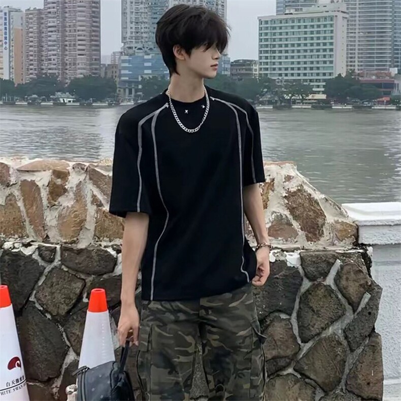 抖音得物二开240克宽松纯棉美式高街痞帅金属扣辑明线短袖T恤,男装T恤,电商A486-1
