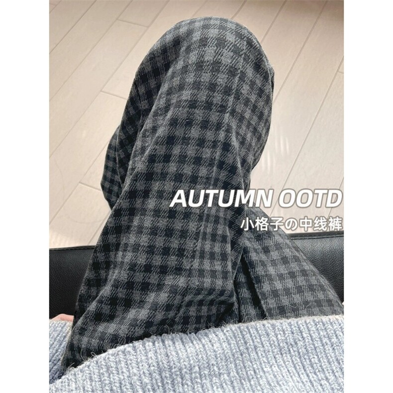 AK2482-P50日系慵懒阔腿毛呢格子裤女秋冬显瘦垂感直筒裤高腰休闲图片