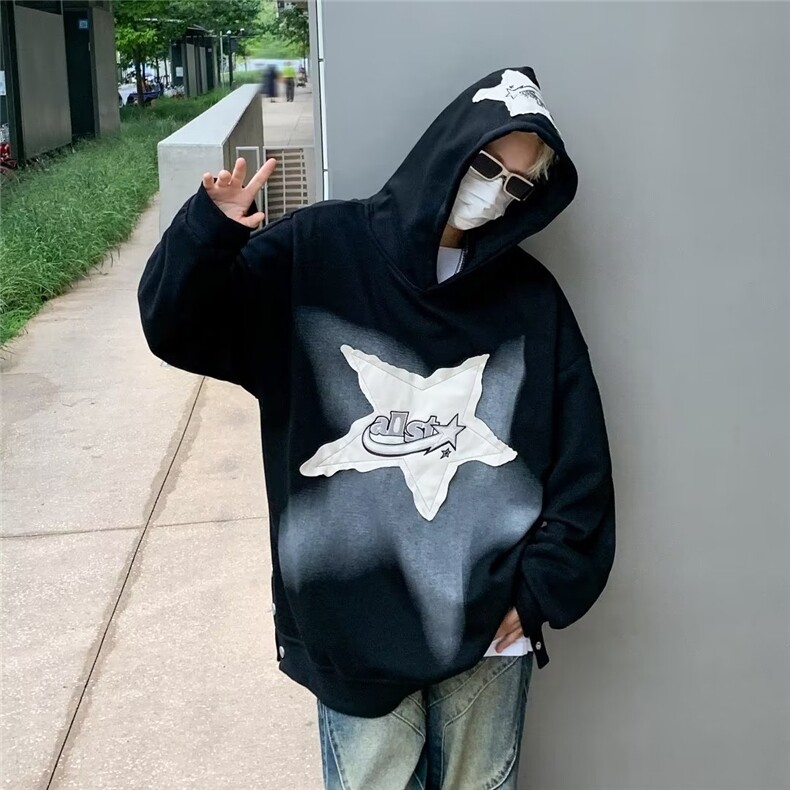 高街星星贴布连帽卫衣男潮牌嘻哈宽松套头帽衫学生外套,女装短外套,星座410-6（原星座1304-1）