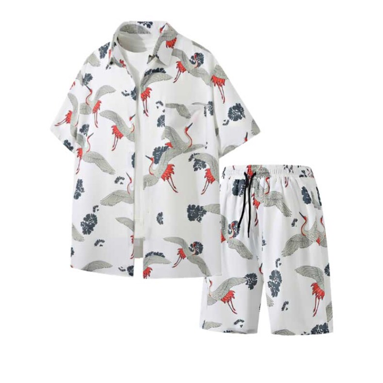 夏季复古风潮流短袖设计感仙鹤印花韩版休闲两件套TZ888-P45，男装休闲套装，电商A128