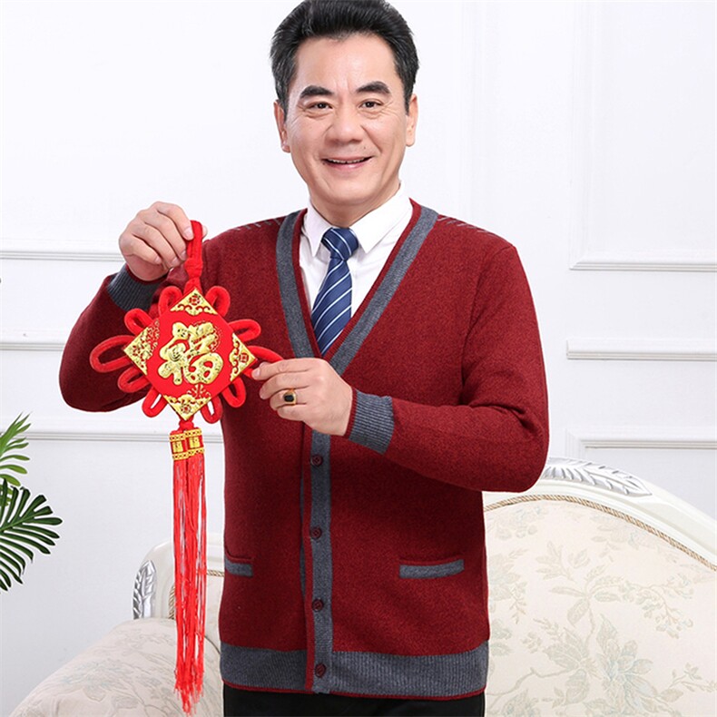 羊毛衫男开衫中老年人爸爸装红色毛衣加厚爷爷保暖外套V领针织衫,男装针织衫/毛衣,亚东羊绒制品
