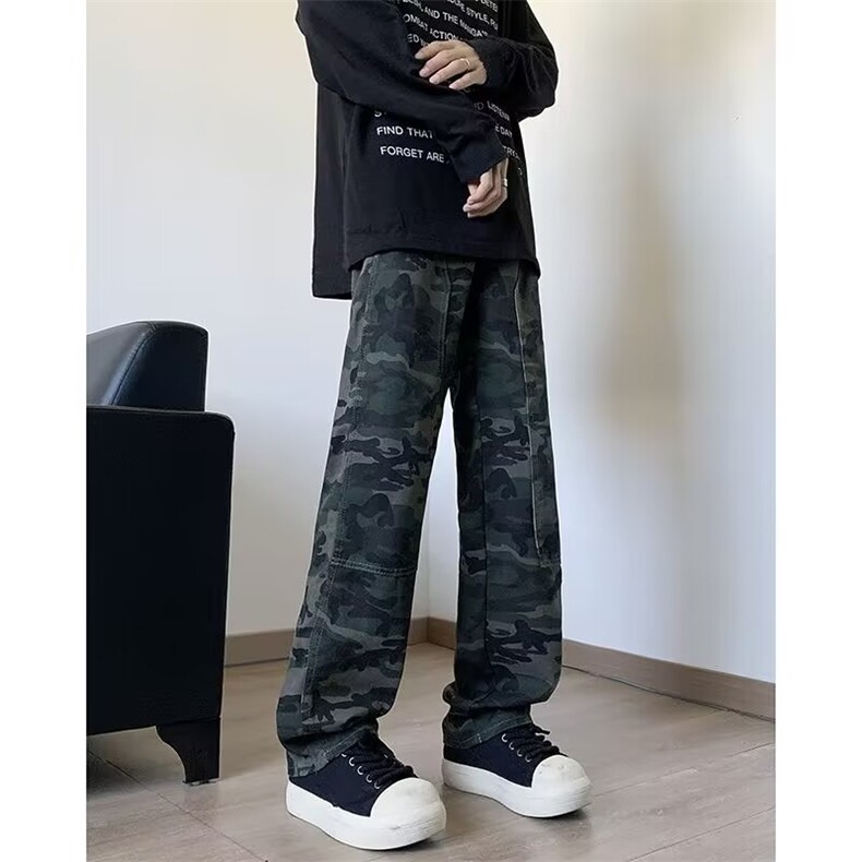 迷彩工装牛仔裤男生秋季新款美式高街复古裤子宽松直筒阔腿长裤子,男装牛仔裤,星座218-1（原230）