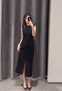 2025早春新品女装混纺开衩连衣裙图片