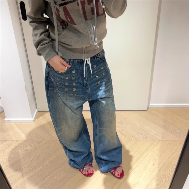 美式复古重工铆钉水洗牛仔男女秋冬宽松阔腿拖地裤NC654-P58,男装休闲裤,星座208-5