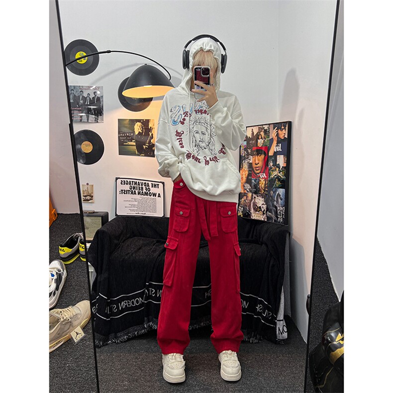 美式ins高街hiphop宽松直筒多口袋工装裤纽扣装饰货号k646P65,男装休闲裤,电商A063