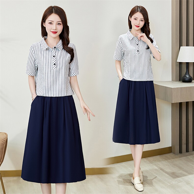 棉麻连衣裙女夏2024新款显瘦高端两件套气质别致条纹时尚套装裙子，女装套装/套裙，罗得堡