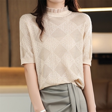 2025年夏季精仿菱形半高领时尚百搭短袖，女装T恤，森墨