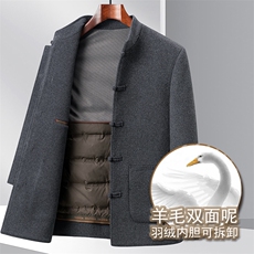 高端羊毛双面呢羽绒服唐装大衣男中年秋冬风双面呢羽绒服外套，男装羽绒服，钱塘723