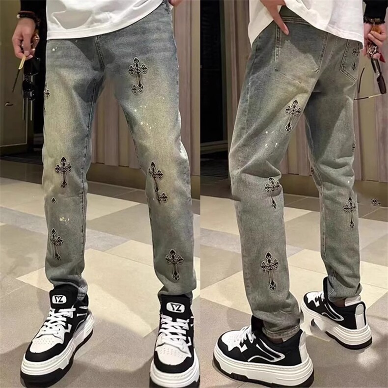 夏季新款宽松直筒牛仔裤男士时尚个性复古刺绣潮流休闲裤百搭长裤,男装牛仔裤,电商B212（原钱塘6029）