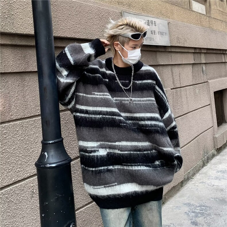 复古着设计小众慵懒风绿色条纹高级感显瘦休闲毛衣男女潮春,男装针织衫/毛衣,星座716-3