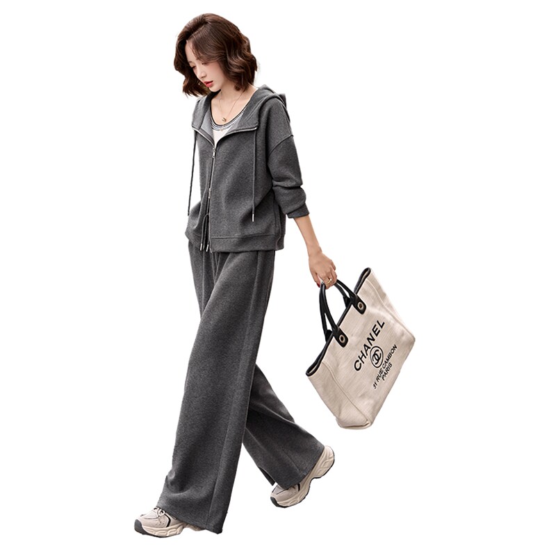 时尚休闲运动套装女2025秋季新款小个子显瘦连帽减龄阔腿裤两件套,女装套装/套裙,关键词