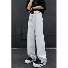8XL-M特大码假两件牛仔裤男美式高街直通设计感背带裤子K975P68，男装牛仔裤，电商D206-1