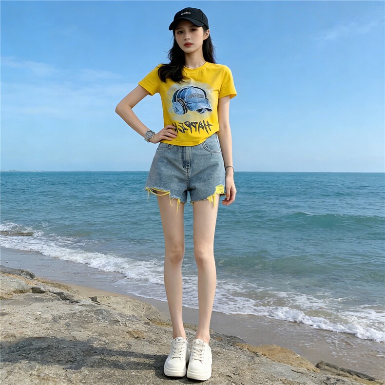 潮流休闲时尚运动套装女夏季新款圆领烫钻印花短袖牛仔短裤两件套,女装套装/套裙,江南